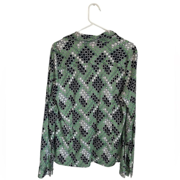 Tory Burch 100% Silk Chain Link Print Blue and Green Geometric Blouse XL - Picture 2 of 2